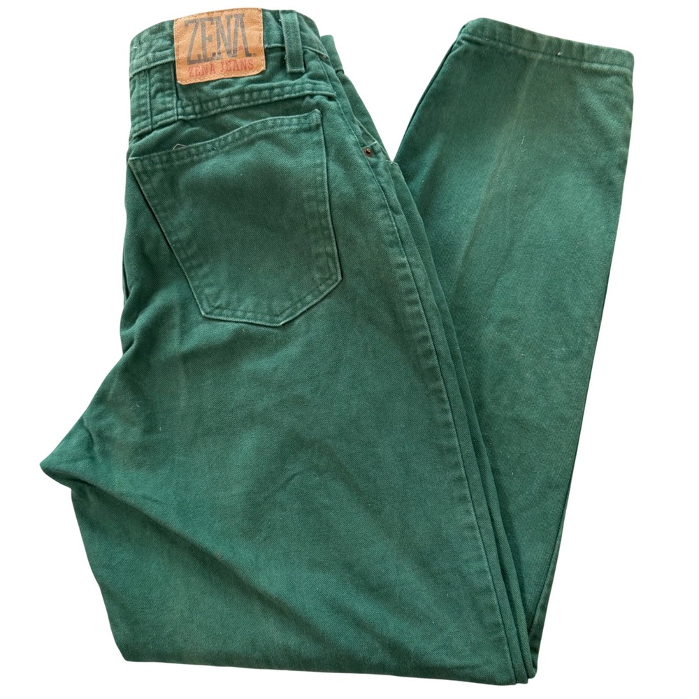 Zena Jean Denim Pants Women 10P Green VTG High Waisted Tapered Leg 90s Cotton